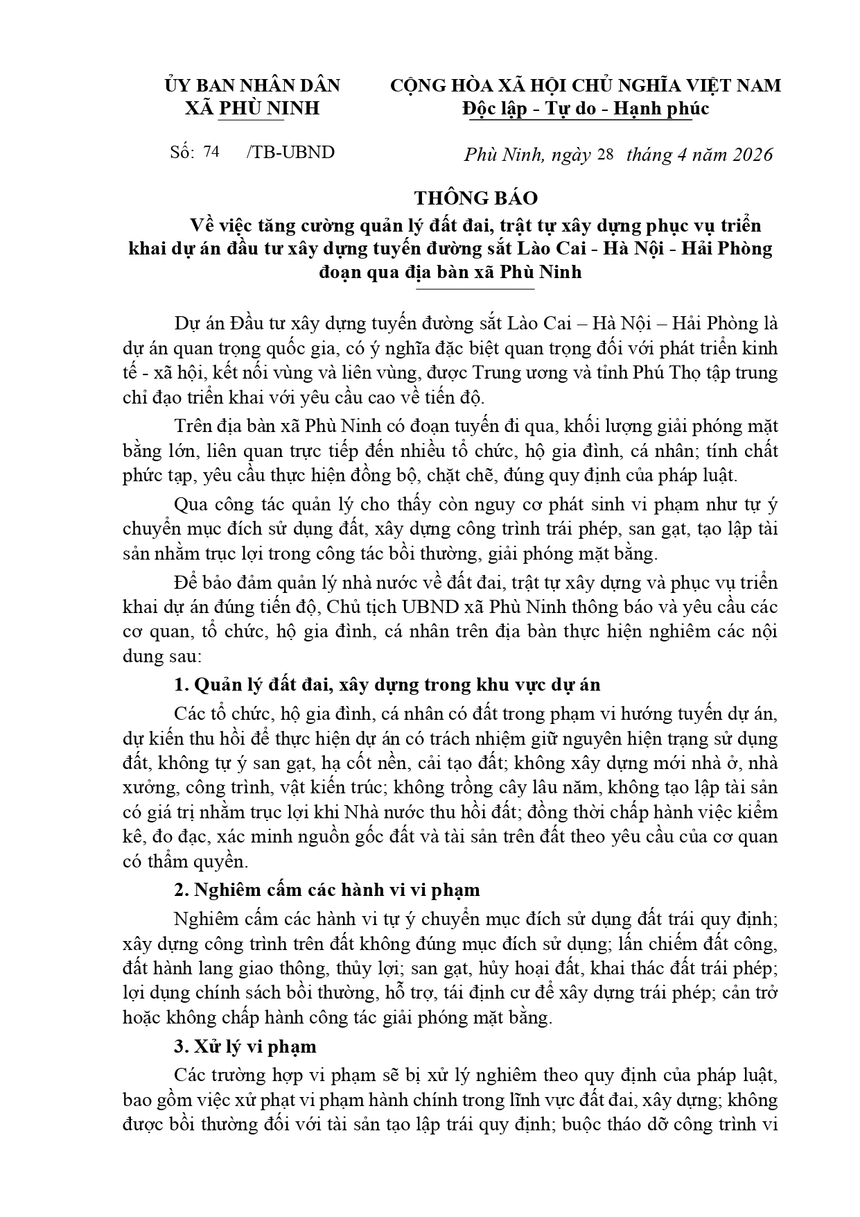 THÔNG BÁO Về việc tăng cường quản lý đất đai, trật tự xây dựng phục vụ triển  khai dự án đầu tư xây dựng tuyến đường sắt Lào Cai - Hà Nội - Hải Phòng  đoạn qua địa bàn xã Phù Ninh
