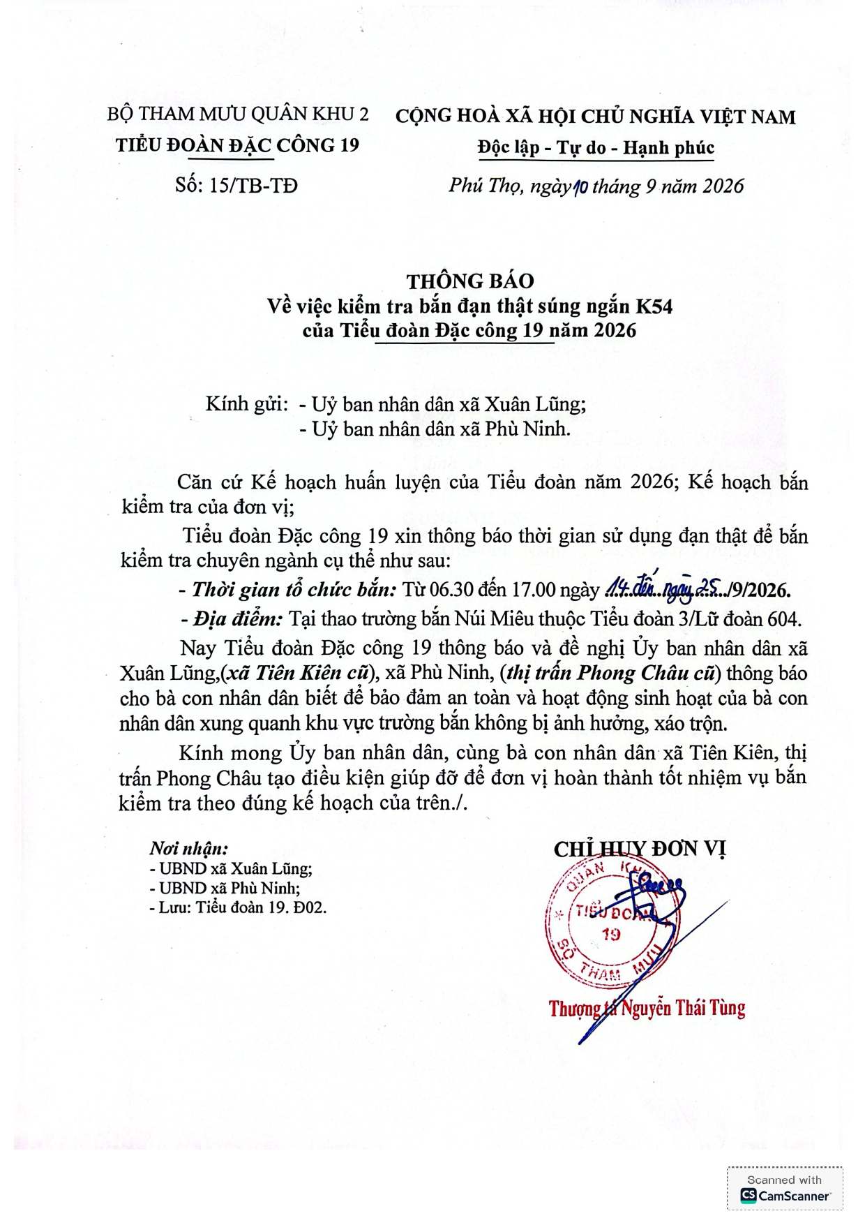 Thông báo Về việc kiểm tra bắn đạn thật súng ngắn K54 của Tiểu đoàn Đặc công 19 năm 2026