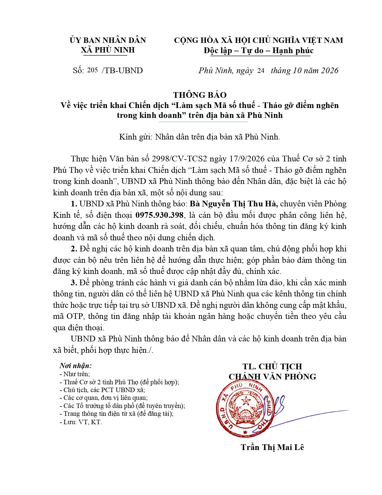 THÔNG BÁO Về việc triển khai Chiến dịch “Làm sạch Mã số thuế - Tháo gỡ điểm nghẽn  trong kinh doanh” trên địa bàn xã Phù Ninh