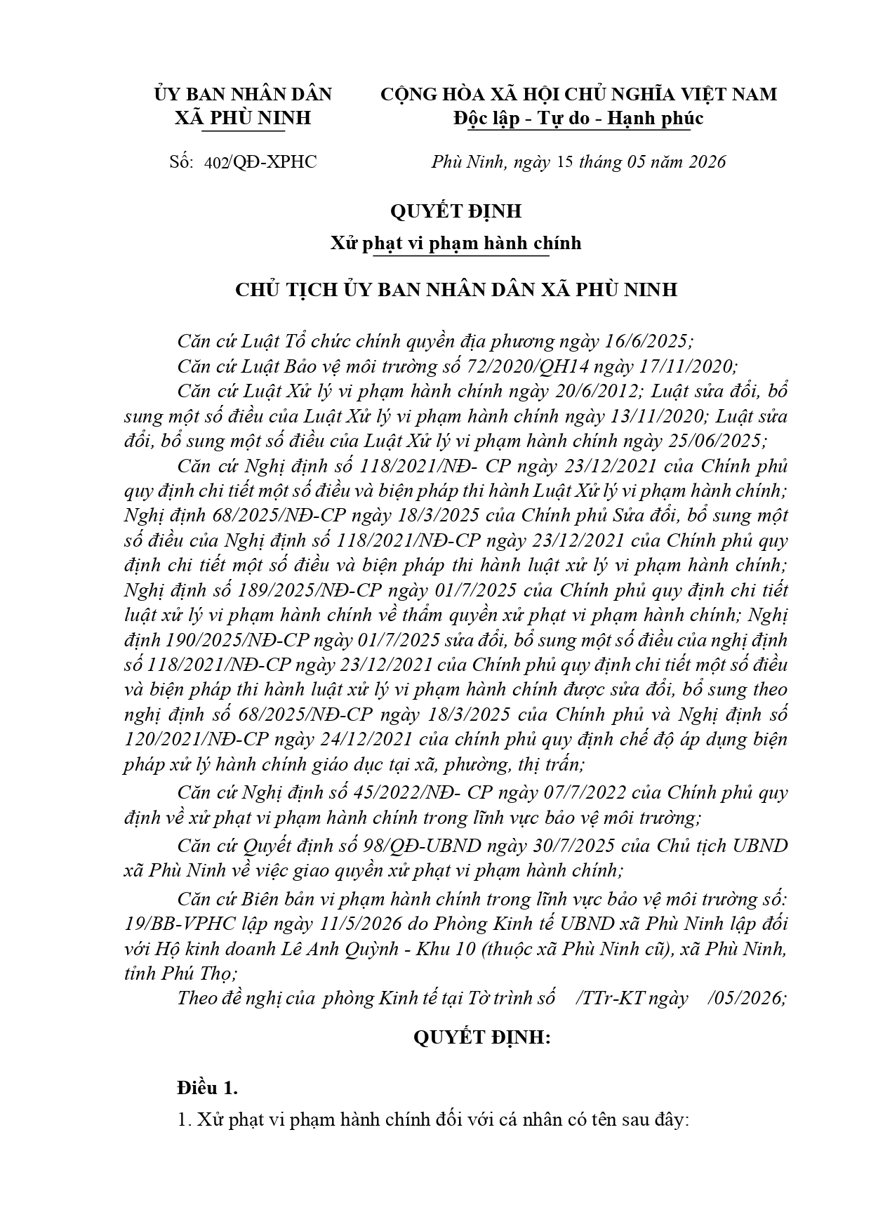 QUYẾT ĐỊNH Xử phạt vi phạm hành chính
