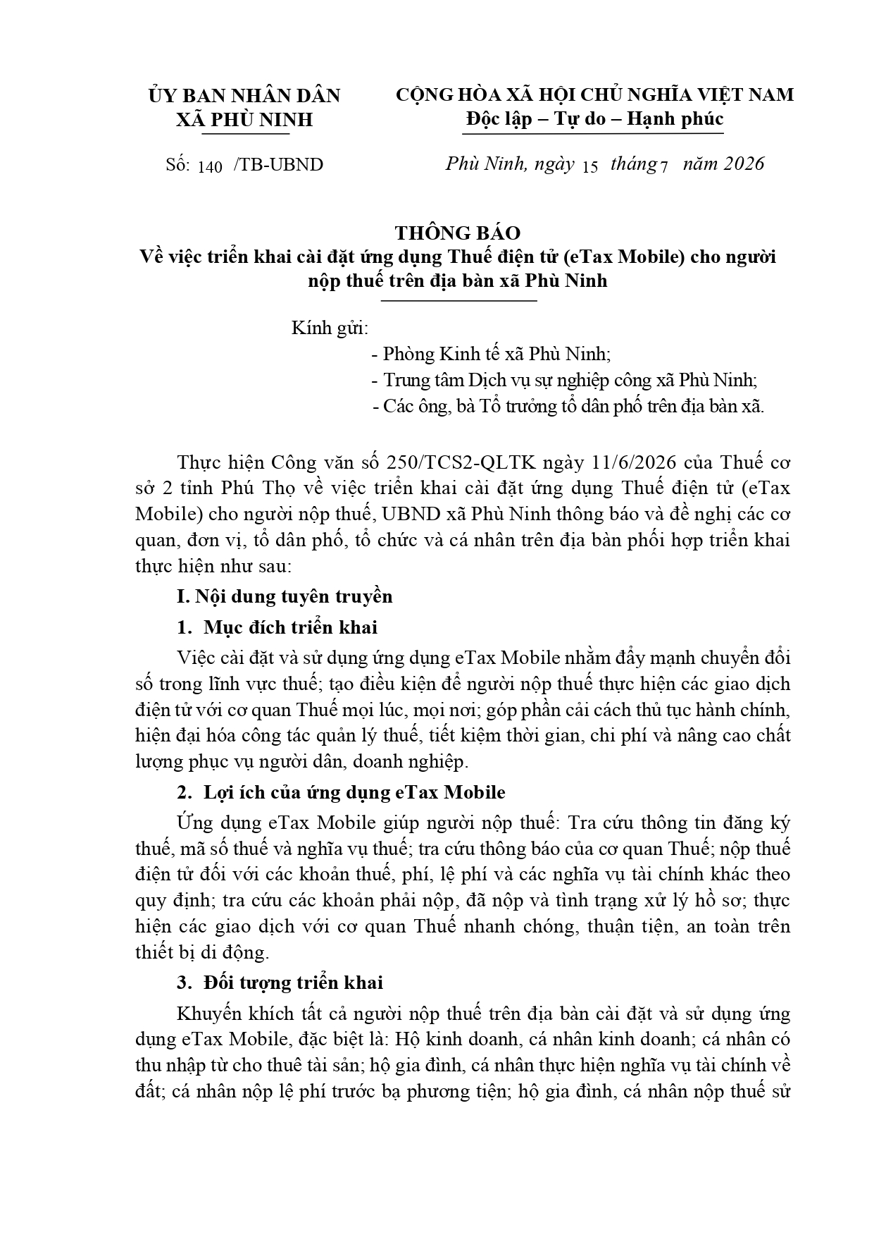 THÔNG BÁO Về việc triển khai cài đặt ứng dụng Thuế điện tử (eTax Mobile) cho người  nộp thuế trên địa bàn xã Phù Ninh