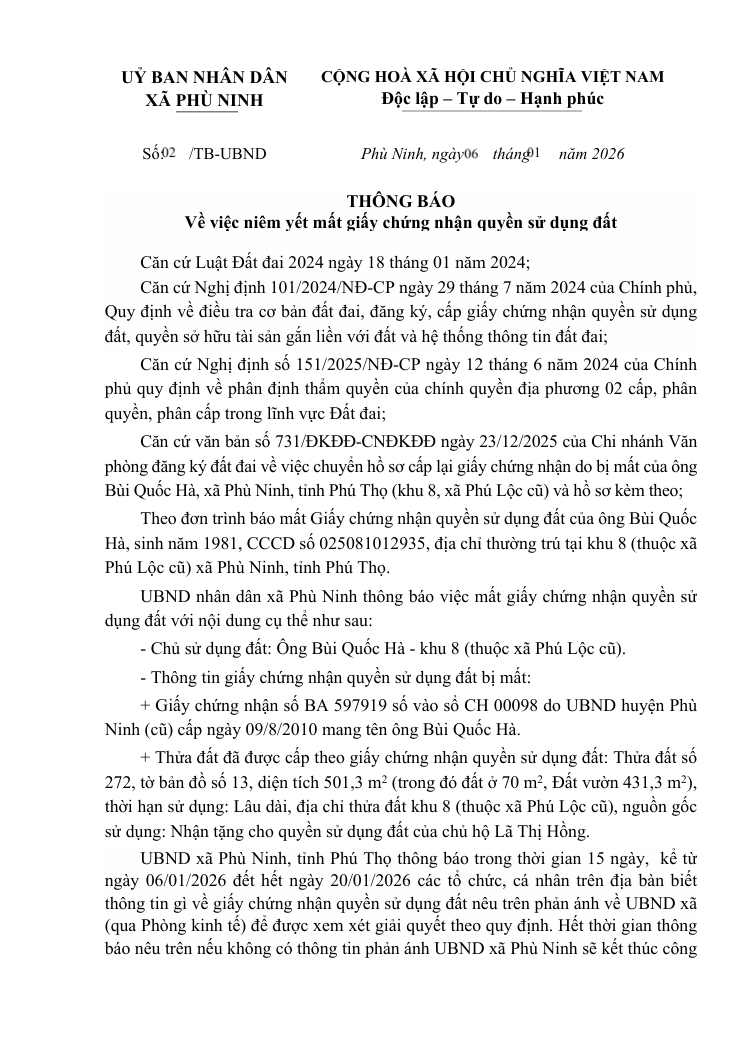 Thông báo về việc niêm yết mất giấy chứng nhận quyền sử dụng đất