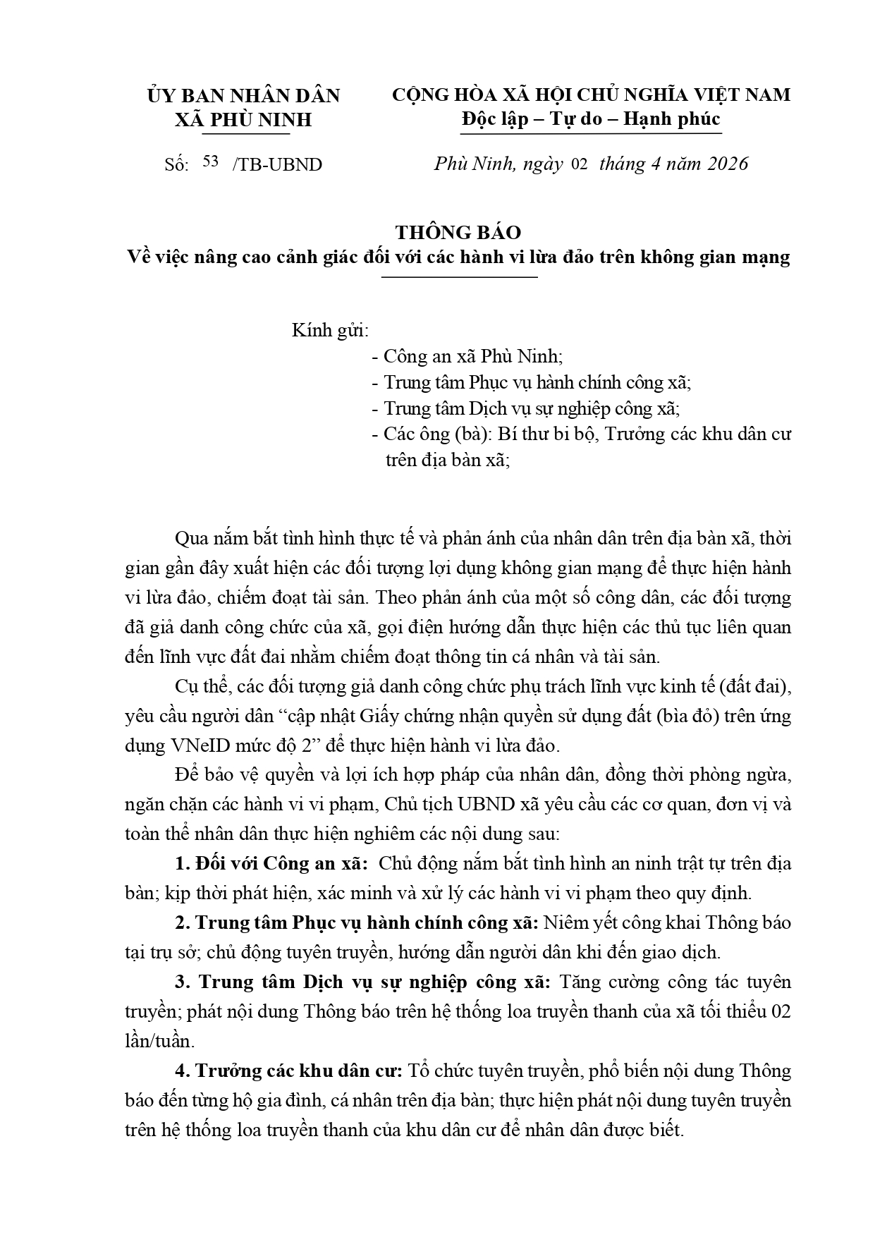 THÔNG BÁO Về việc nâng cao cảnh giác đối với các hành vi lừa đảo trên không gian mạng