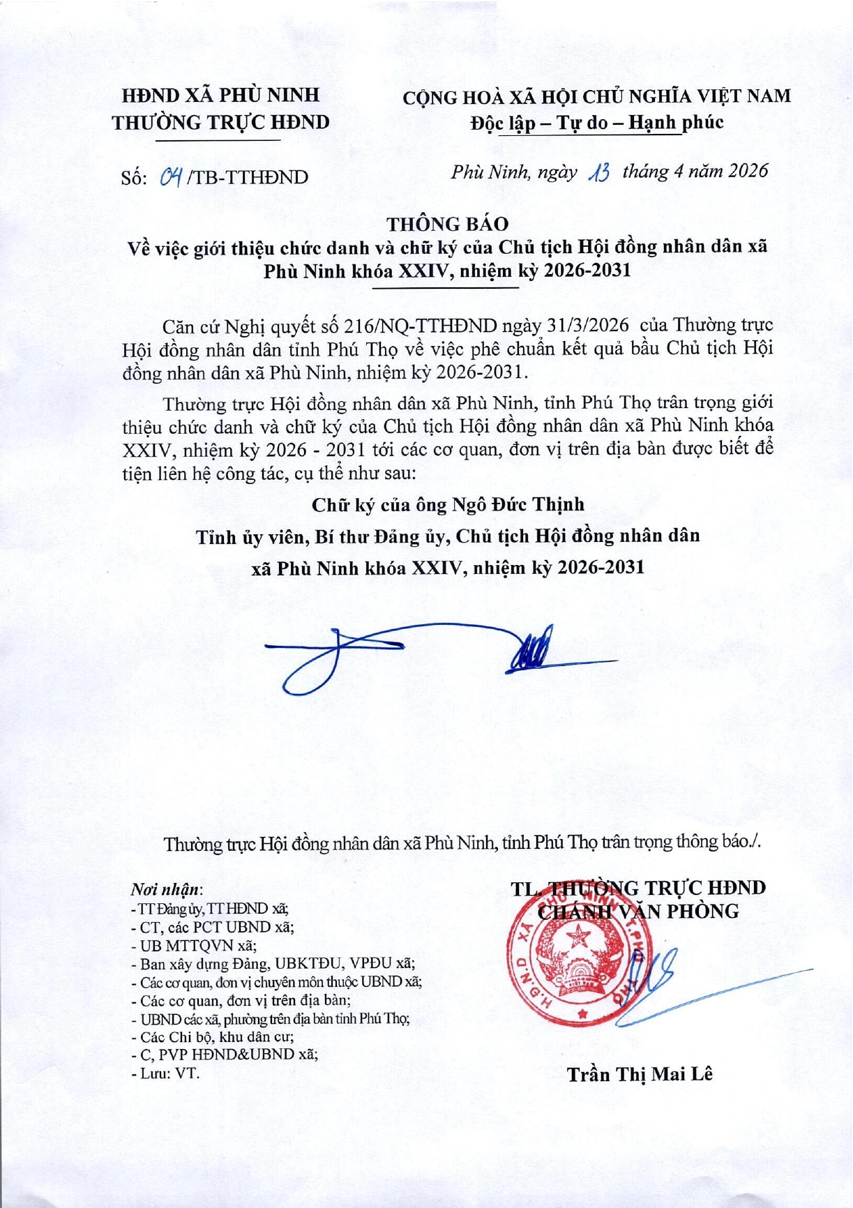 Thông báo Về việc giới thiệu chức danh và chữ ký của Chủ tịch Hội đồng nhân dân xã Phù Ninh khóa XXIV, nhiệm kỳ 2026 - 2031