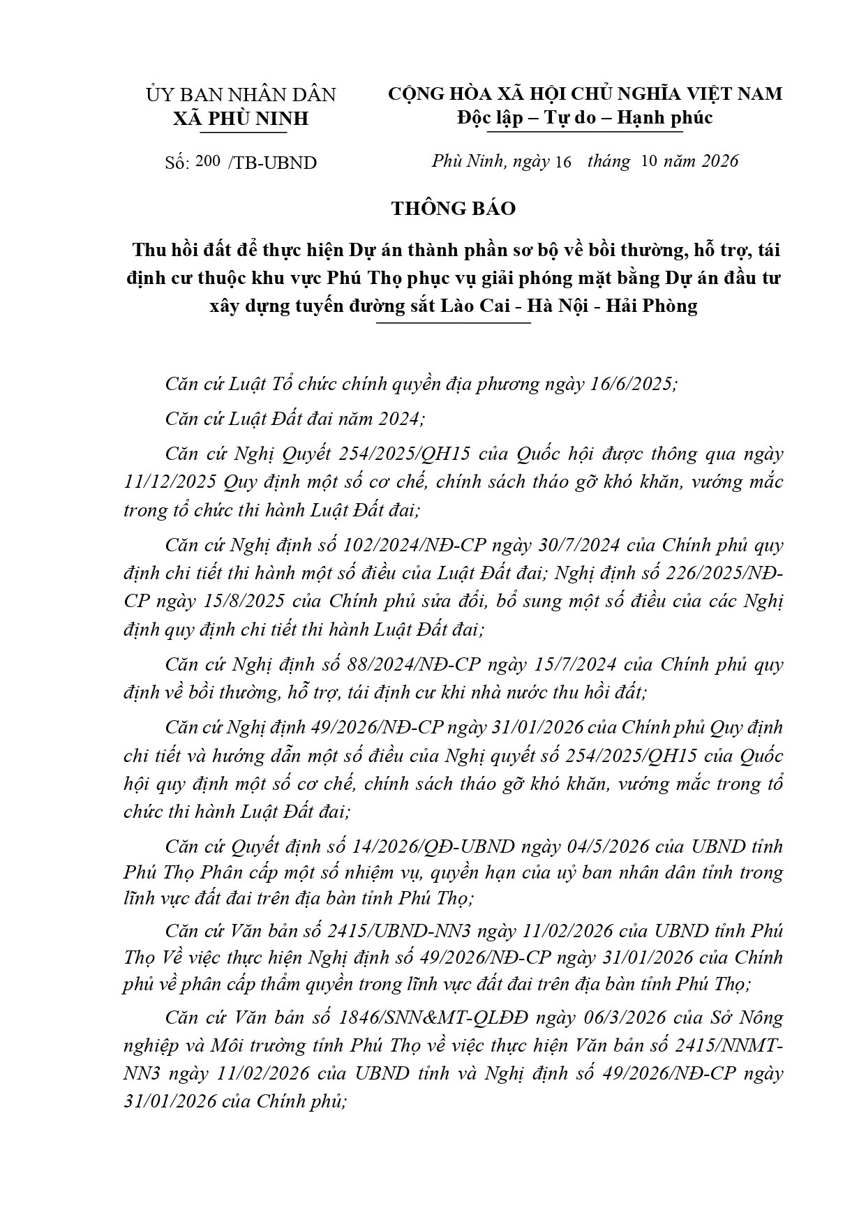 THÔNG BÁO Thu hồi đất để thực hiện Dự án thành phần sơ bộ về bồi thường, hỗ trợ, tái định cư thuộc khu vực Phú Thọ phục vụ giải phóng mặt bằng Dự án đầu tư xây dựng tuyến đường sắt Lào Cai - Hà Nội - Hải Phòng