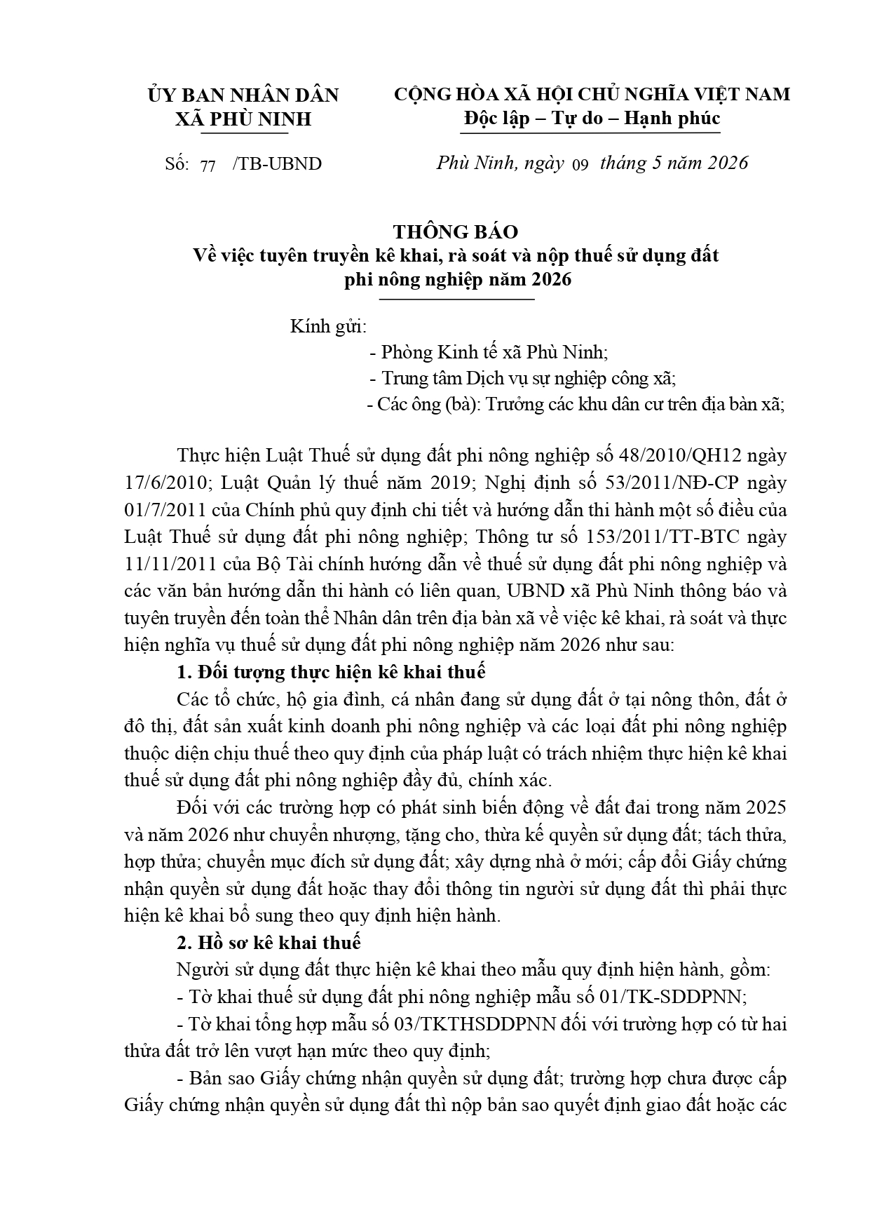 THÔNG BÁO Về việc tuyên truyền kê khai, rà soát và nộp thuế sử dụng đất  phi nông nghiệp năm 2026