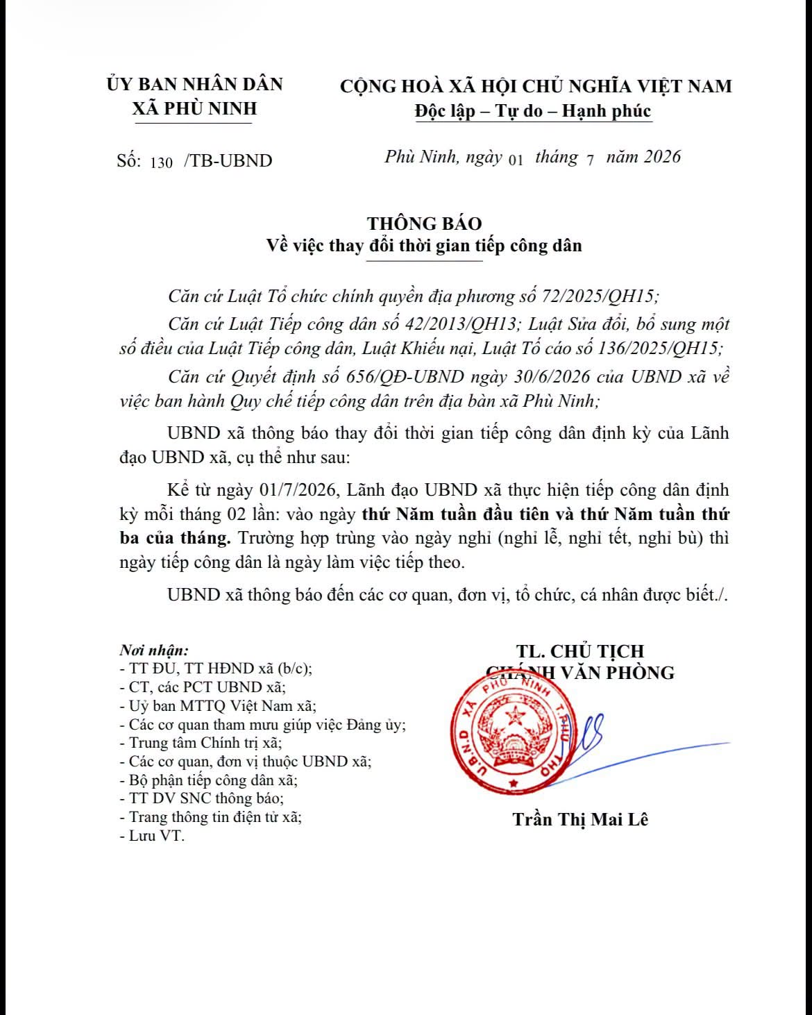 Thông báo Về việc thay đổi thời gian tiếp công dân.