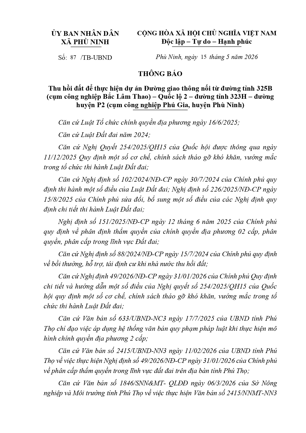 THÔNG BÁO tháng 5 năm 2026 Thu hồi đất để thực hiện dự án Đường giao thông nối từ đường tỉnh 325B  (cụm công nghiệp Bắc Lâm Thao) – Quốc lộ 2 – đường tỉnh 323H – đường  huyện P2 (cụm công nghiệp Phú Gia, huyện Phù Ninh)
