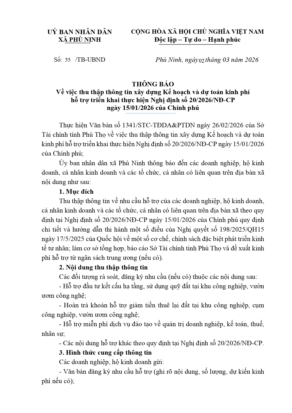 THÔNG BÁO Về việc thu thập thông tin xây dựng Kế hoạch và dự toán kinh phí hỗ trợ triển khai thực hiện Nghị định số 20/2026/NĐ-CP ngày 15/01/2026 của Chính phủ