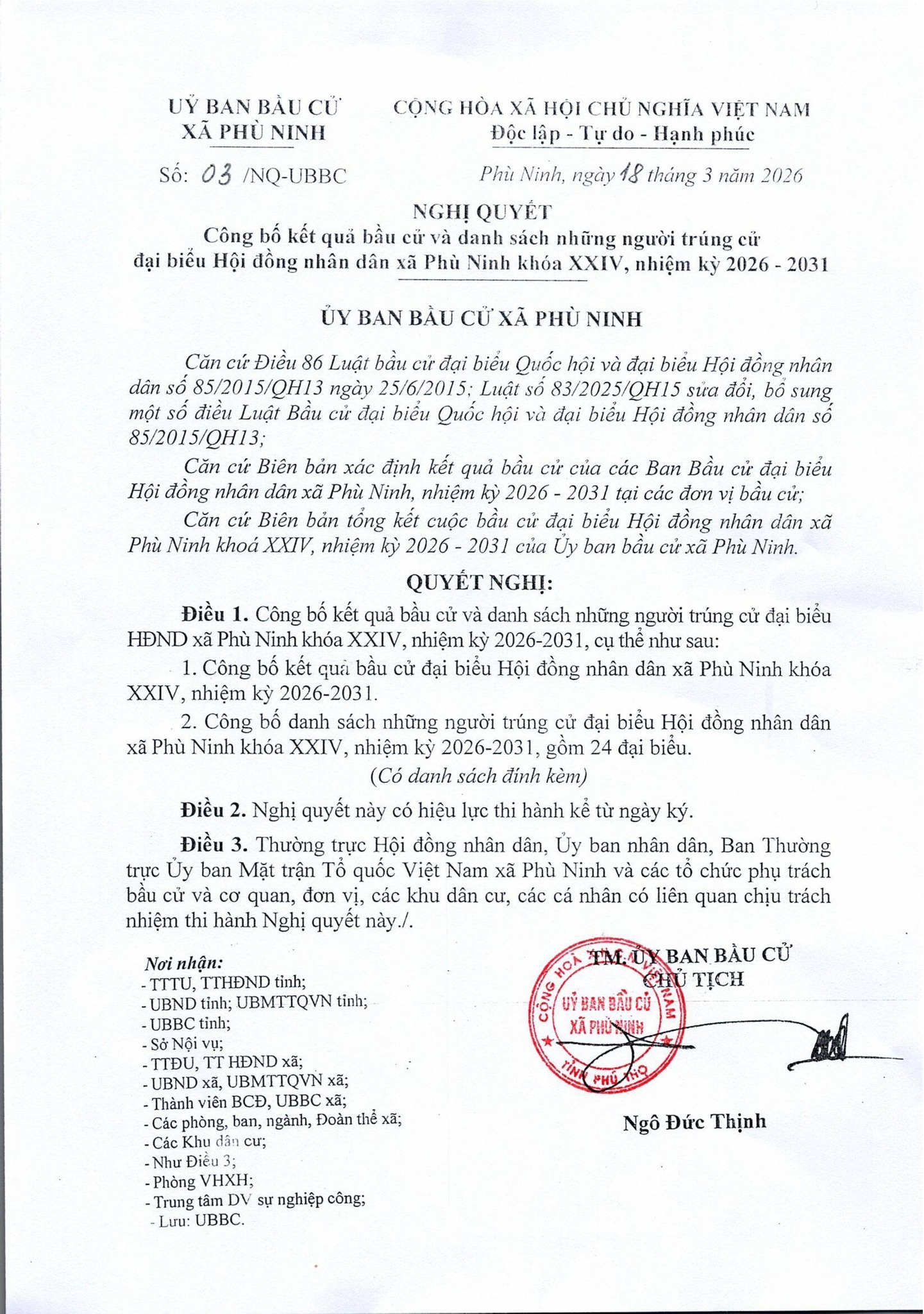Uỷ ban Bầu cử xã Phù Ninh công bố danh sách những người trúng cử Đại biểu HĐND xã Phù Ninh khoá XXIV, Nhiệm kỳ 2026 - 2031.