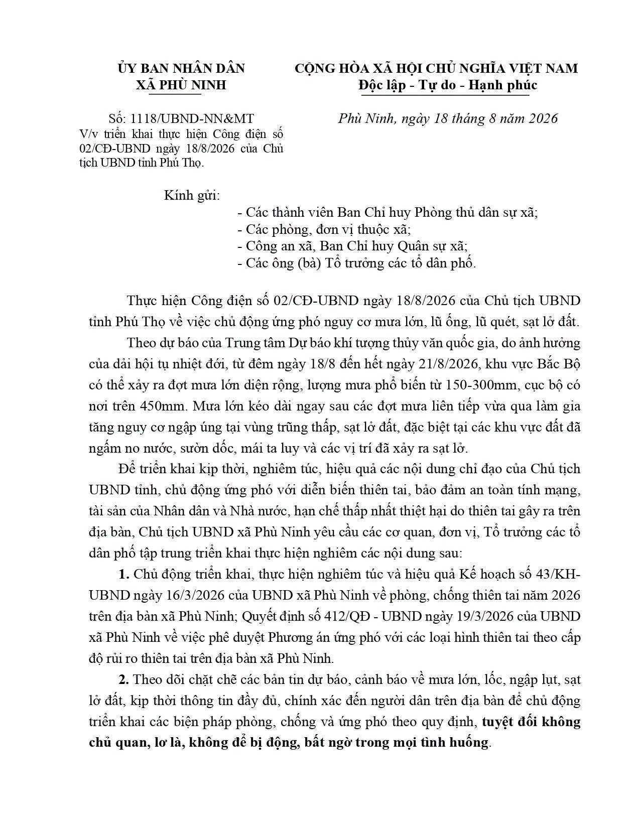 UBND xã Phù Ninh triển khai thực hiện Công điện số 02/CĐ-UBND ngày 18/8/2026 của Chủ tịch UBND tỉnh Phú Thọ.