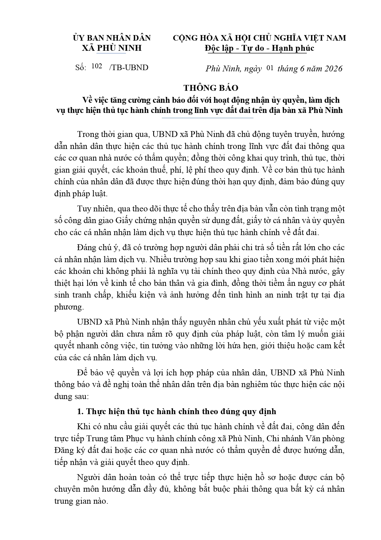 THÔNG BÁO Về việc tăng cường cảnh báo đối với hoạt động nhận ủy quyền, làm dịch  vụ thực hiện thủ tục hành chính trong lĩnh vực đất đai trên địa bàn xã Phù Ninh