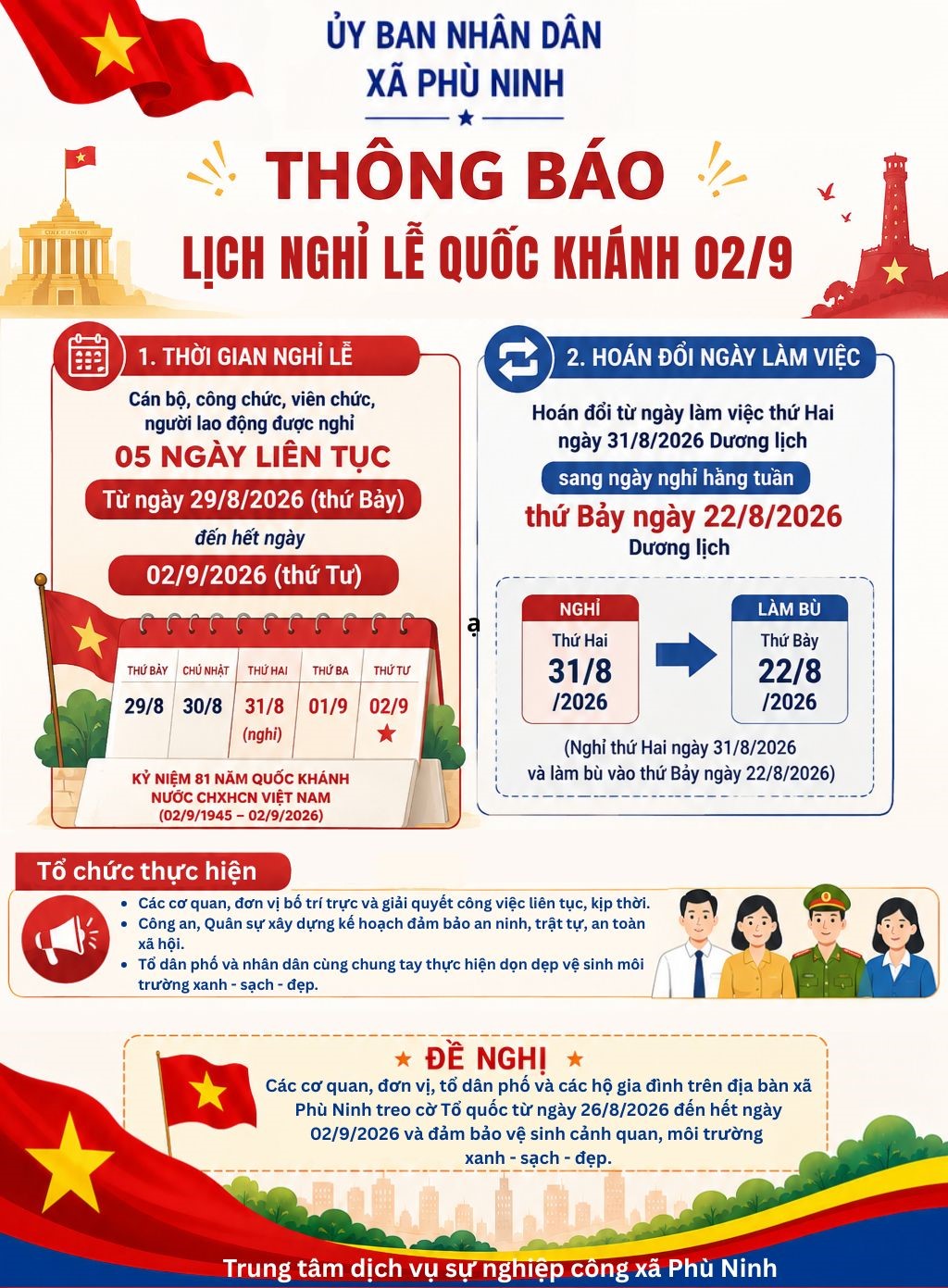 UBND XÃ PHÙ NINH THÔNG BÁO LỊCH NGHỈ LỄ QUỐC KHÁNH 02/9/2026