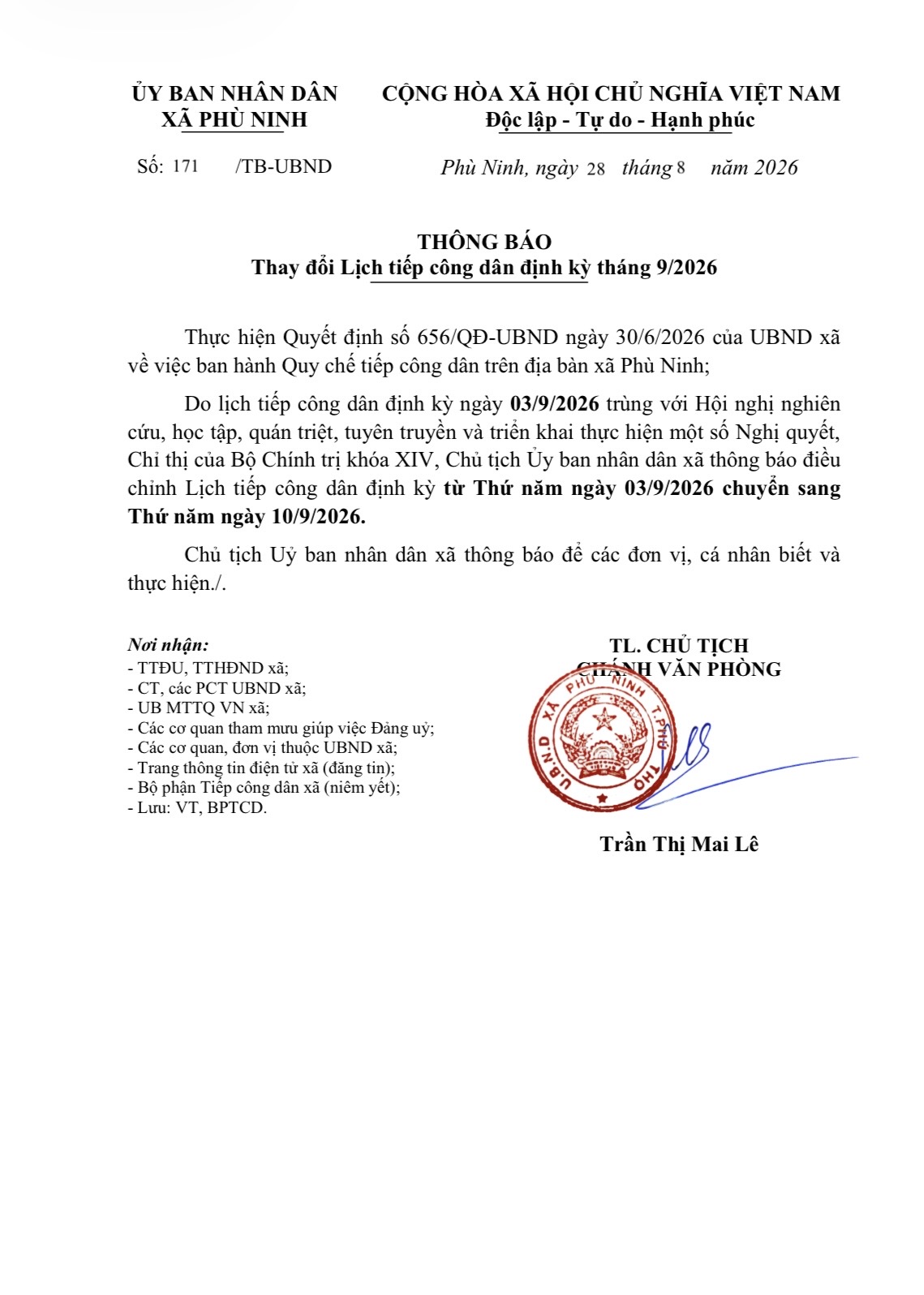 UBND xã Phù Ninh Thông báo Thay đổi Lịch tiếp công dân định kỳ tháng 9/2026