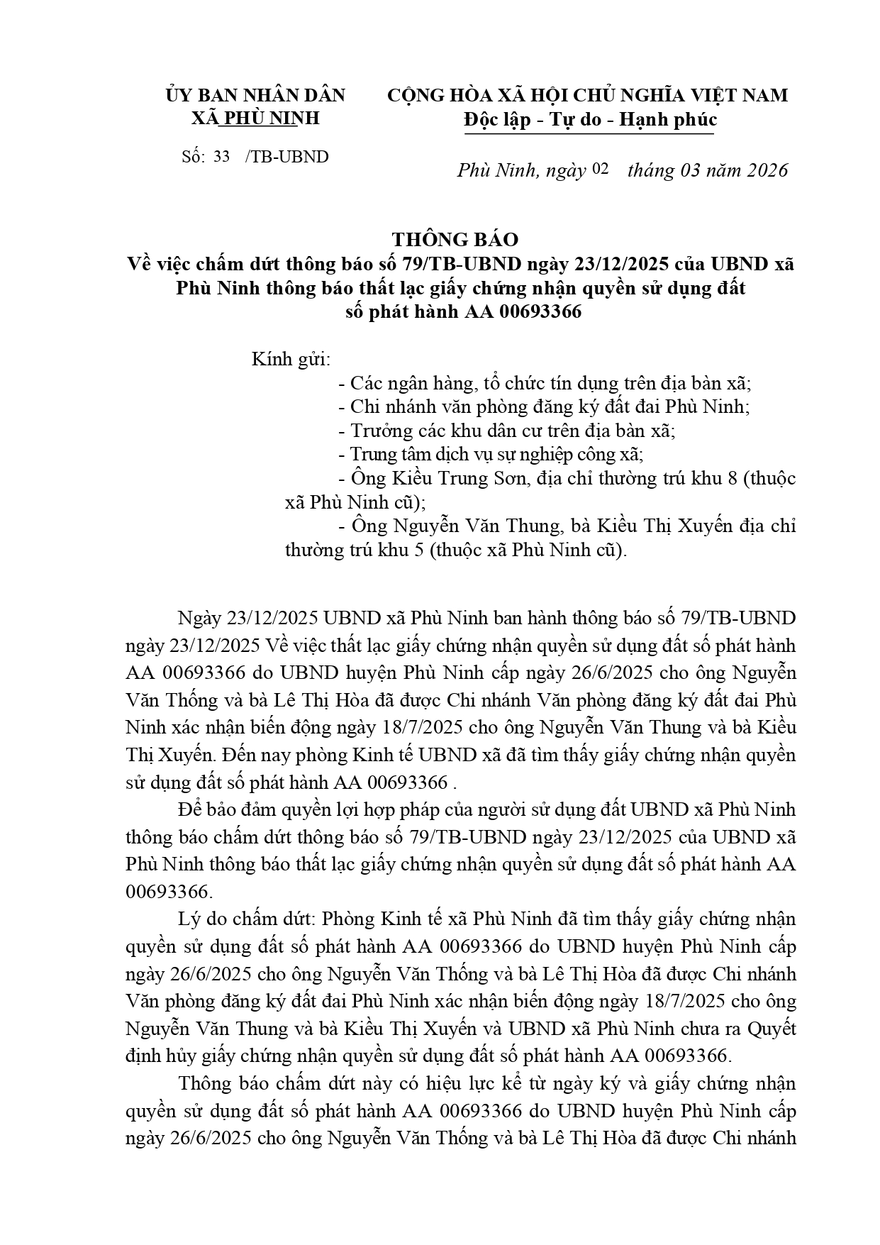 THÔNG BÁO Về việc chấm dứt thông báo số 79/TB-UBND ngày 23/12/2025 của UBND xã Phù Ninh thông báo thất lạc giấy chứng nhận quyền sử dụng đất số phát hành AA 0069336