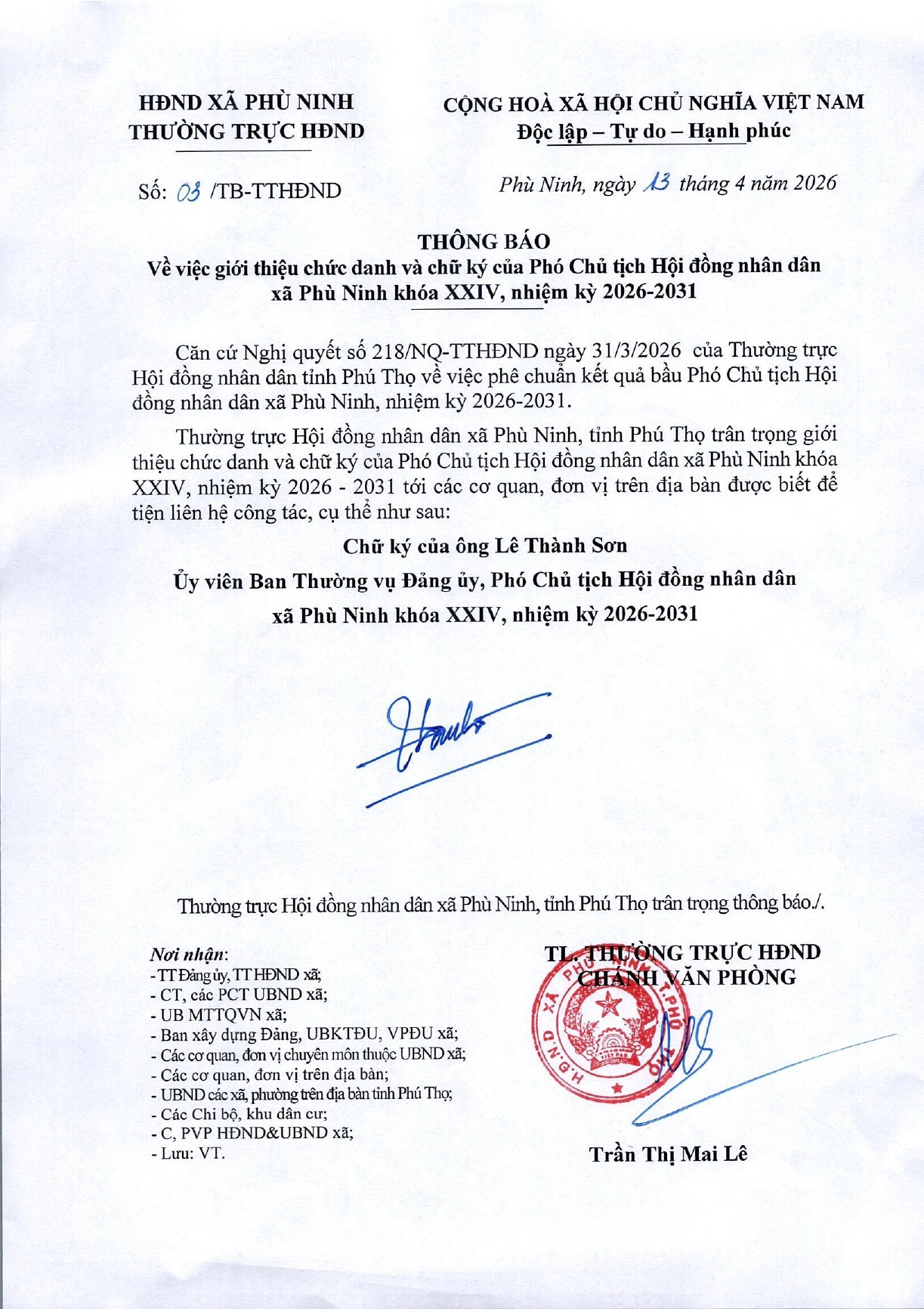 Thông báo Về việc giới thiệu chức danh và chữ ký của Phó Chủ tịch Hội đồng nhân dân xã Phù Ninh khóa XXIV, nhiệm kỳ 2026 - 2031