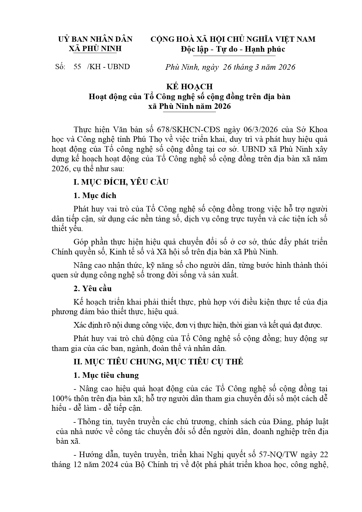 KẾ HOẠCH Hoạt động của Tổ Công nghệ số cộng đồng trên địa bàn  xã Phù Ninh năm 2026