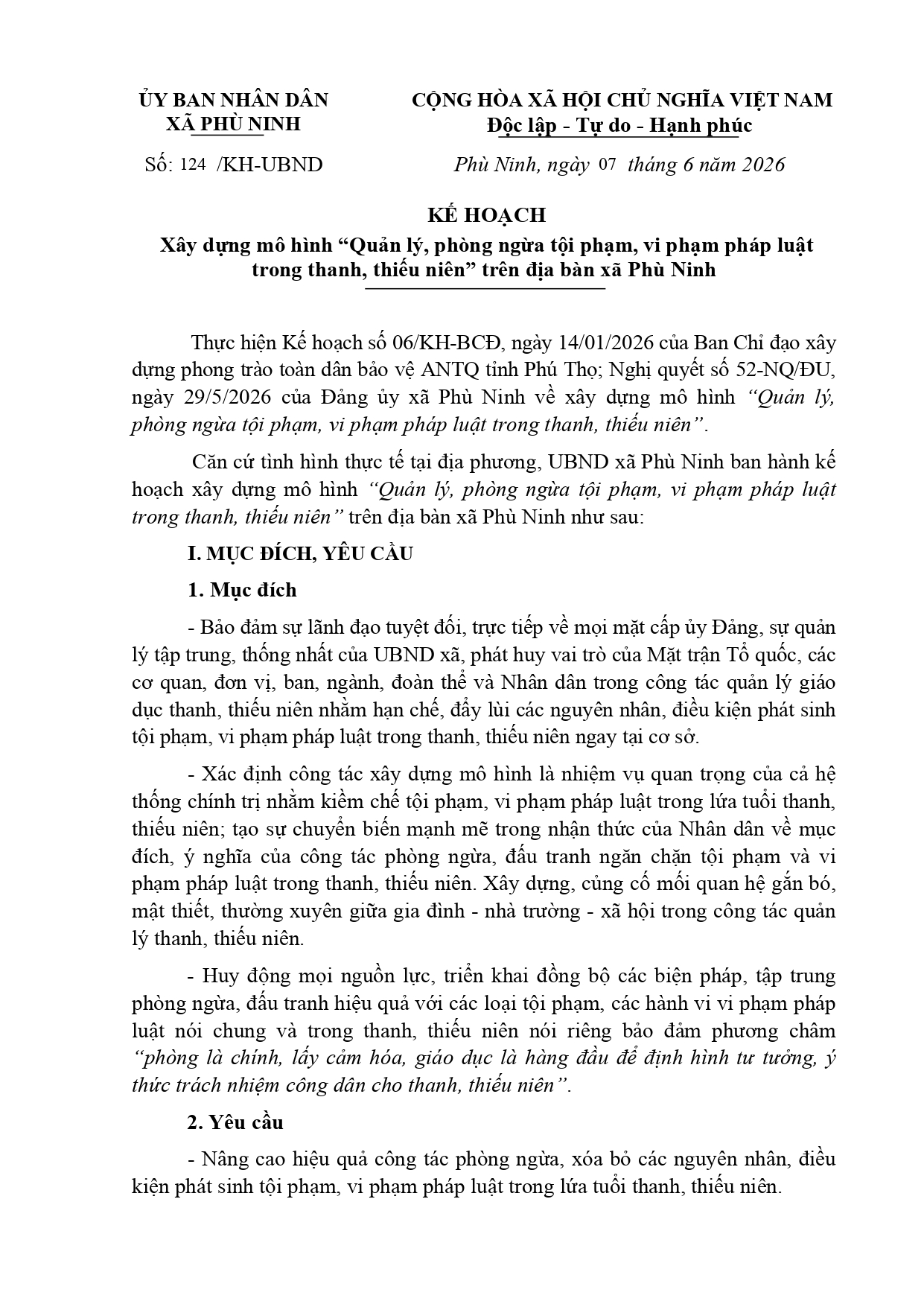 KẾ HOẠCH Xây dựng mô hình “Quản lý, phòng ngừa tội phạm, vi phạm pháp luật  trong thanh, thiếu niên” trên địa bàn xã Phù Ninh