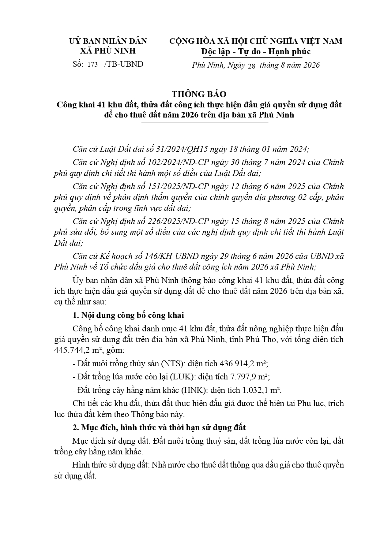 THÔNG BÁO Công khai 41 khu đất, thửa đất công ích thực hiện đấu giá quyền sử dụng đất  để cho thuê đất năm 2026 trên địa bàn xã Phù Ninh