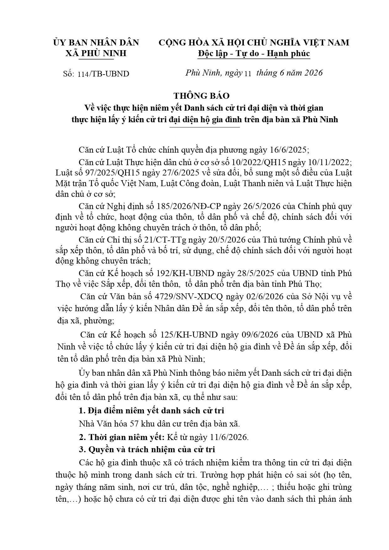 THÔNG BÁO Về việc thực hiện niêm yết Danh sách cử tri đại diện và thời gian thực hiện lấy ý kiến cử tri đại diện hộ gia đình trên địa bàn xã Phù Ninh