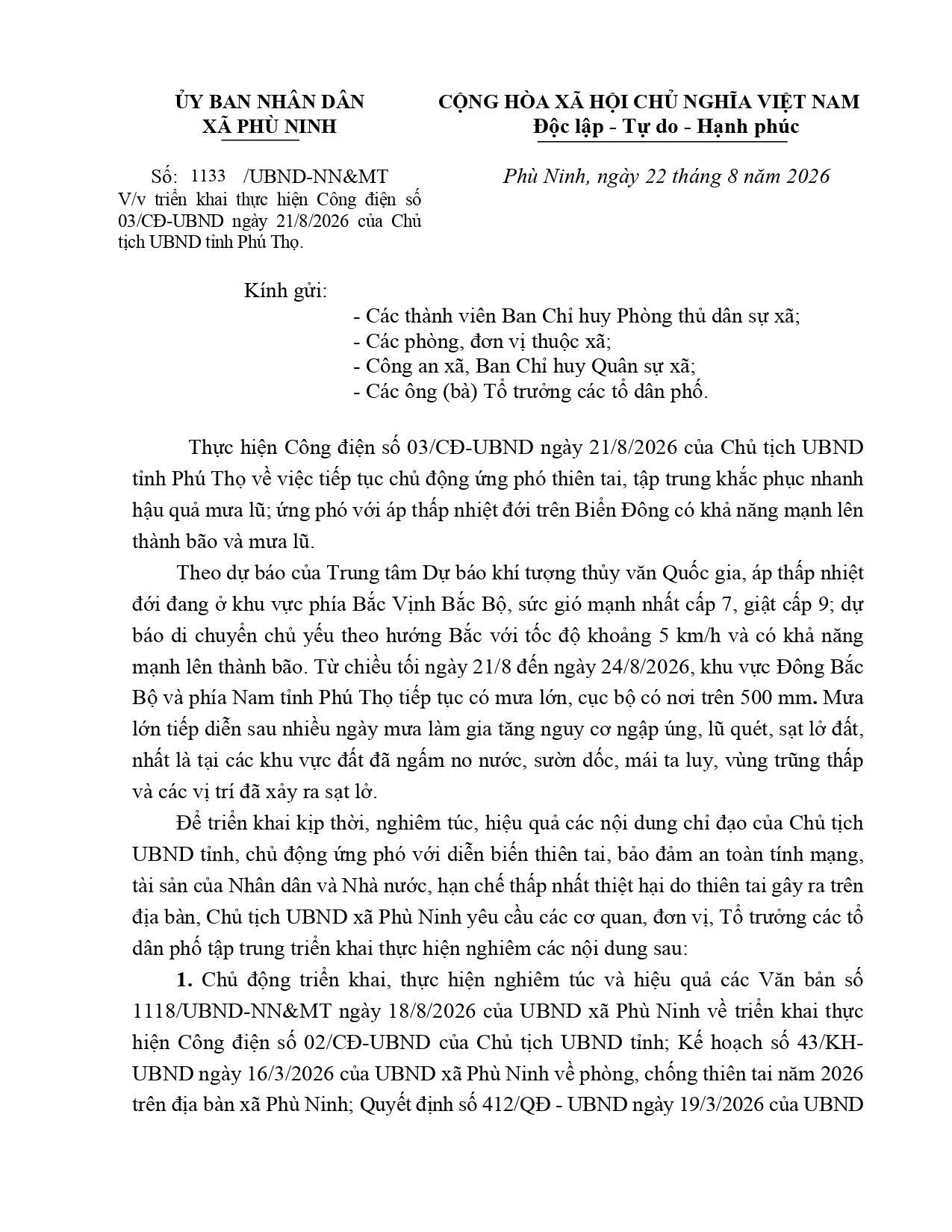 UBND xã Phù Ninh triển khai thực hiện Công điện số 03/CĐ-UBND ngày 21/8/2026 của Chủ tịch UBND tỉnh Phú Thọ.